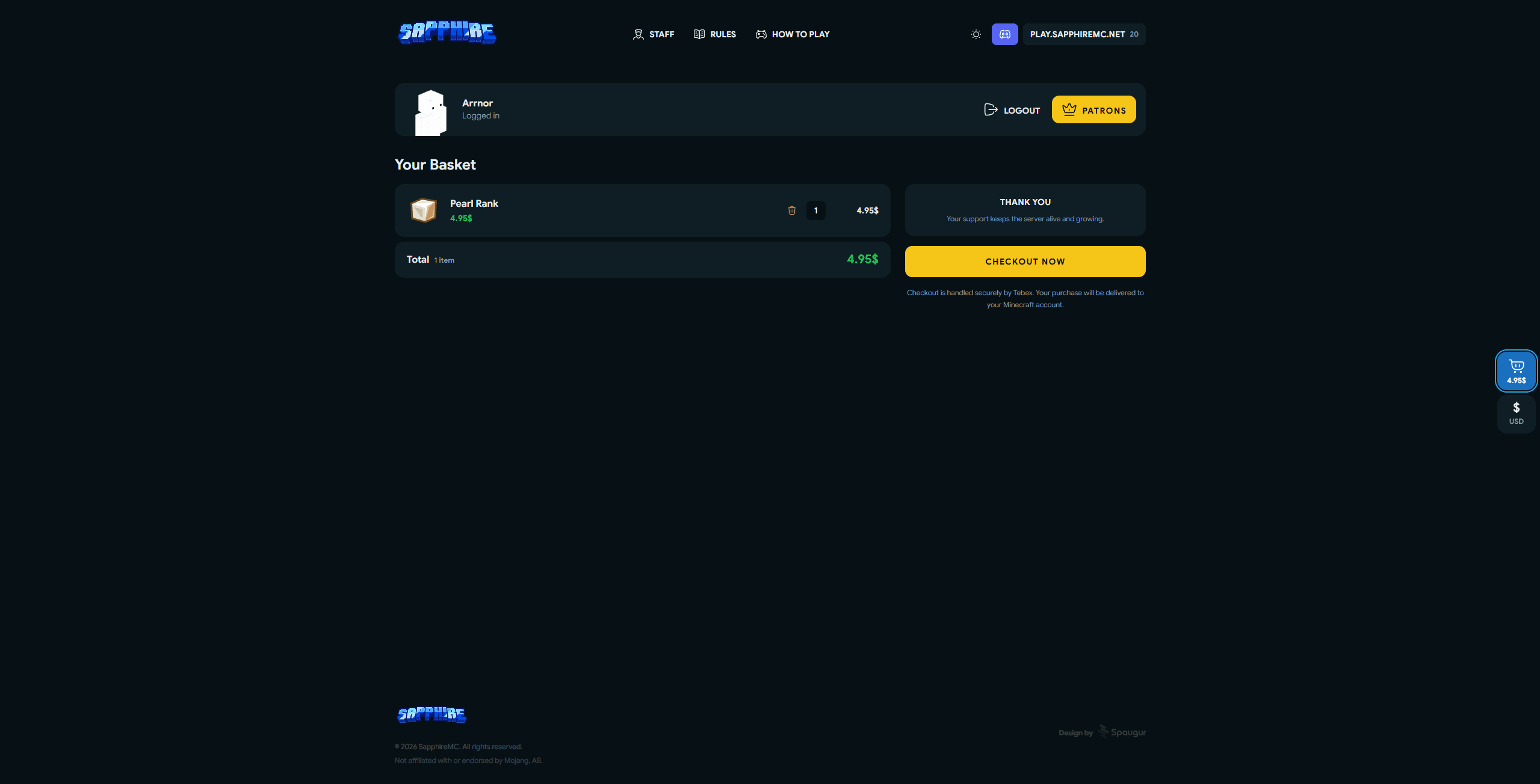 Yfirferð körfu fyrir greiðslu á Sapphiremc.net