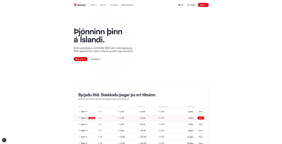 Sýndarþjónasíða Spaugur.is 2.0 með verðskrá